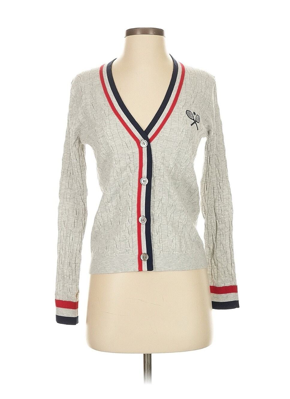 J. Society Varsity Tennis Light Gray V-Neck Cardigan Sweater Small